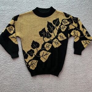 Vintage ARIELLE Sweater Made in USA Womens M Black Gold Leaf Knit Mock Neck